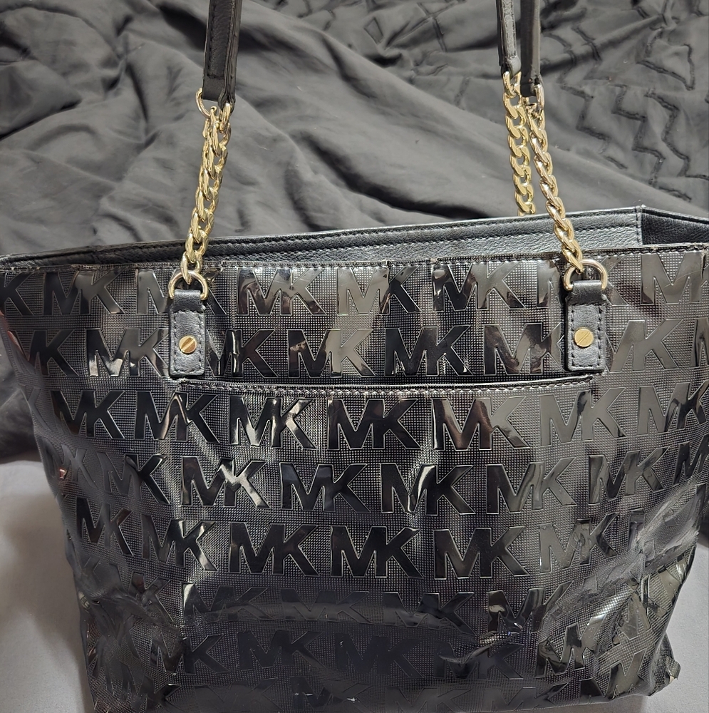 Michael Kors Black Glossy Tote with Gold Chain Straps